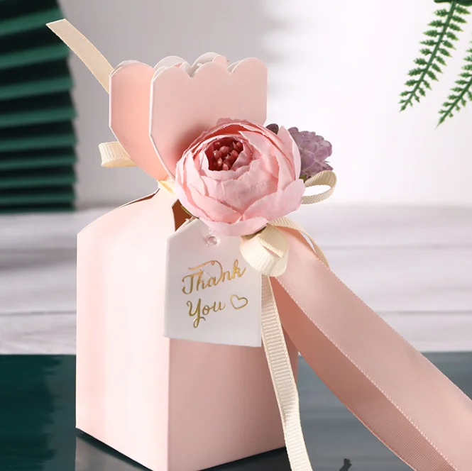 50 PCS Wedding Guest Favors Marble Pink Candy Box with Faux Flower