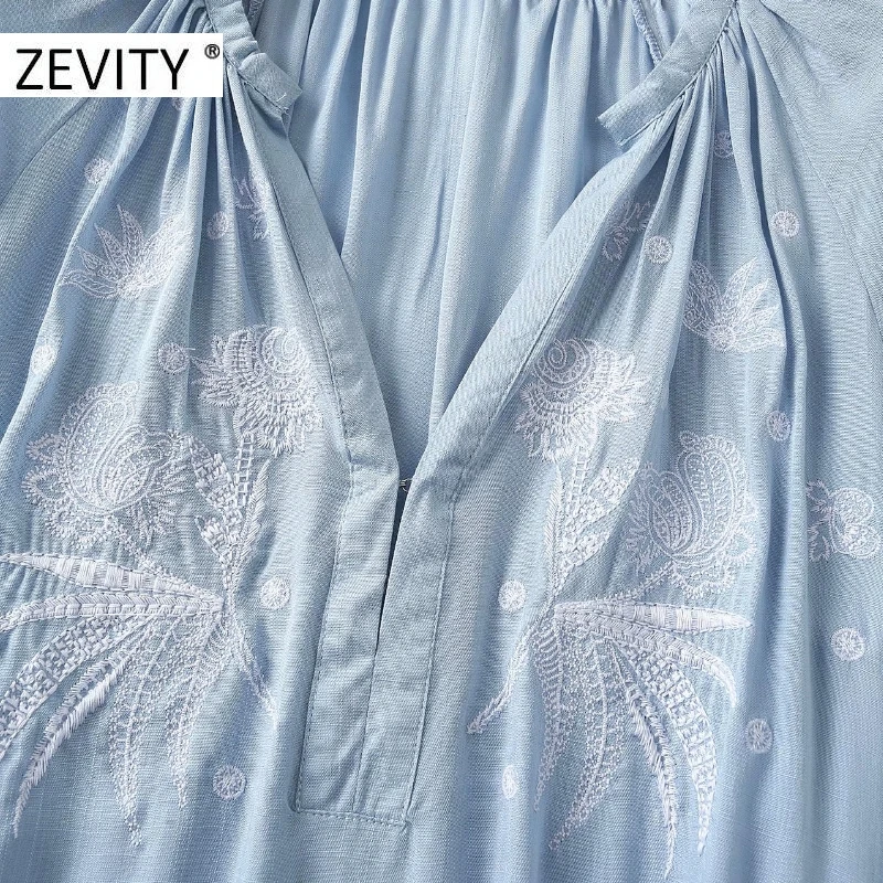 ZEVITY New women vintage v neck flower embroidery hem pleats mini dress female bow tie sashes vestido chic autumn dresses DS4424
