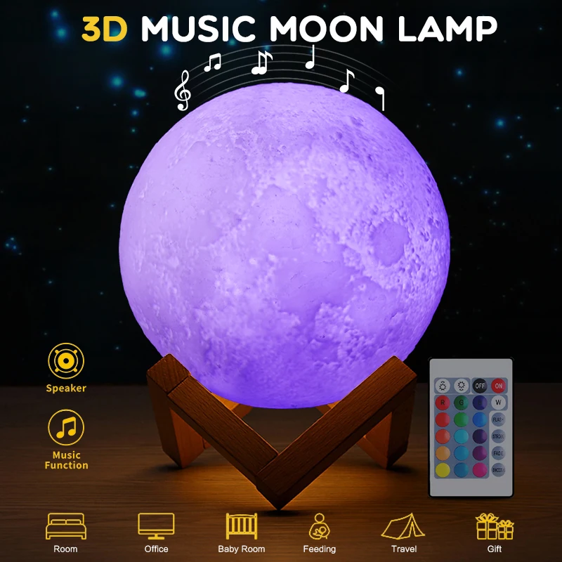 3d print colorful bluetooth msuic moon lamp rechargeable night light for moon light with 3colors 16colors remote decor gift