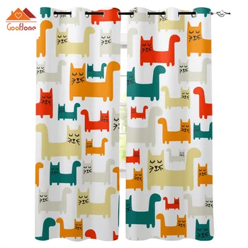 

Animal Cat Colored Fill Pattern White Background Window Curtains Living Room Outdoor Fabric Drapes Curtain Home Decor