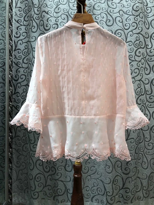 Spring Fashion Pink Dark Blue Tops Ladies Stand Neck Butterfly Embroidery Flare Sleeve Sweet Cute Blouse Shirts Cotton Tops