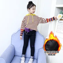 Зимние плотные джинсы с начесом для девочек эластичные обтягивающие штаны с высокой талией теплые двухслойные леггинсы узкие брюки