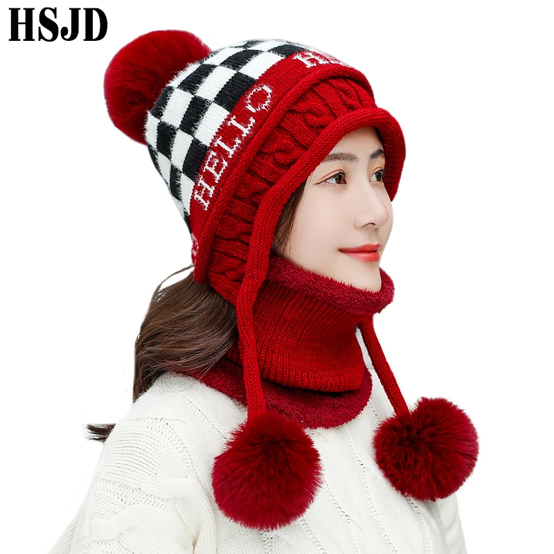 

Women Hat and Scarf 2 pcs Set 2019 Winter Caps with Pompoms Fashion Plaid Knit Beanie Hats Warm Female Skullies Scarf Cold hat