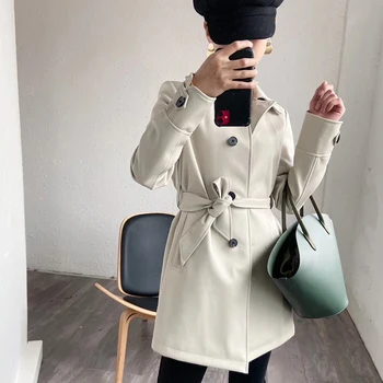 

FMFSOM New Spring Women Leather Long Jacket Women Windbreaker Trench Coat Soft PU Jacket Faux Leather OL Vintage Outwear
