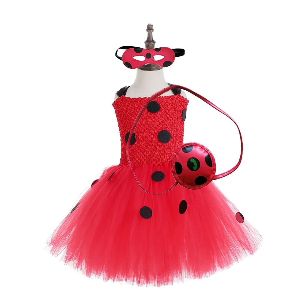 Платье-пачка для девочек+ сумка+ маска для глаз, детский костюм с изображением маленького жука, костюм на день рождения Хэллоуин костюм божьей коровки, комплект для костюмированной вечеринки - Цвет: Full Set