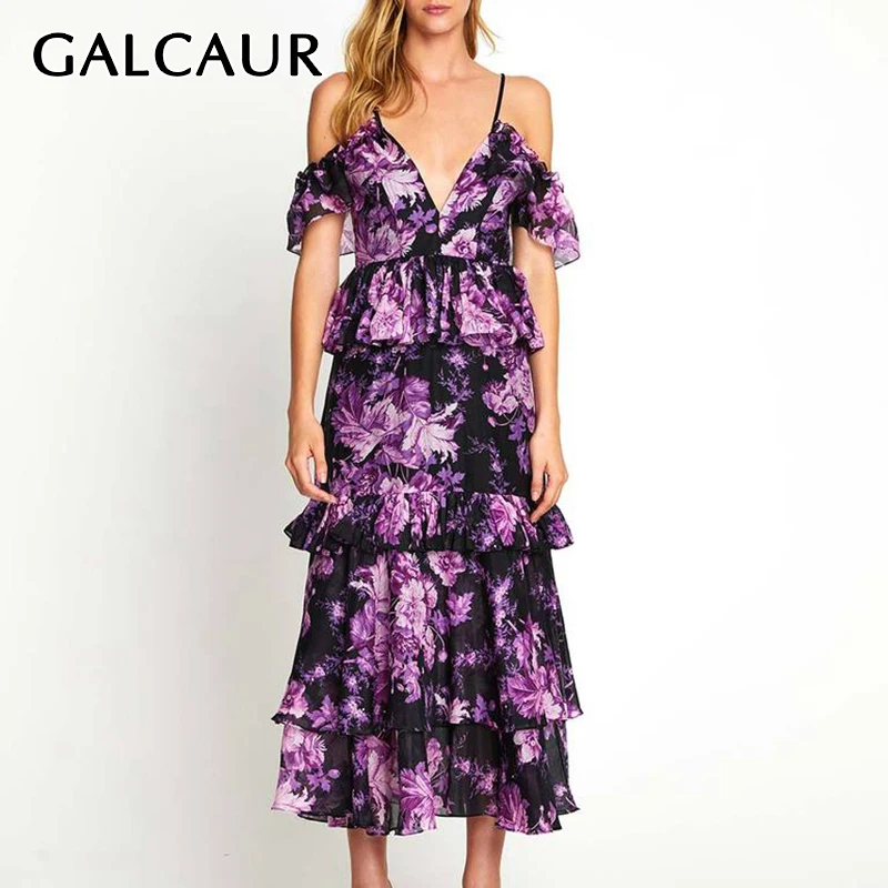 

GALCAUR Vintage Print Hit Color Dress Female V Neck Butterfly Sleeve High Waist Off Shoulder Midi Dresses Women New Clothes 2020
