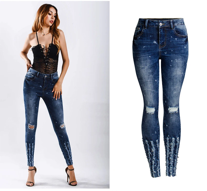 

Women's Jeans European American Style Slim Casual Jeans New Fashion Design Broken copper stretch denim pants women