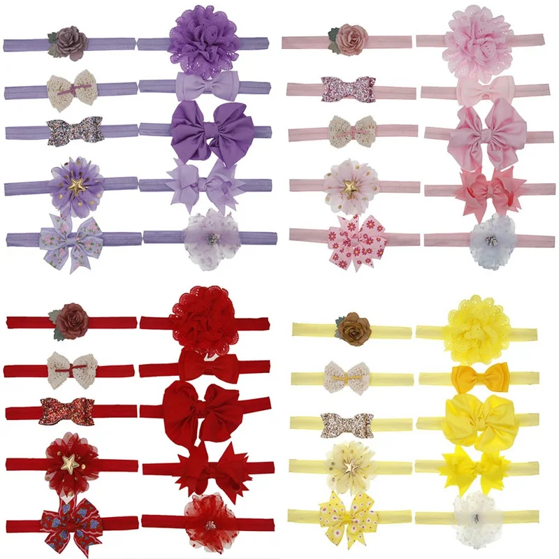 10pcs/pack Children Girl Headdress Bow Flower Shape Headband Headdress Set Baby Hair Accessorie