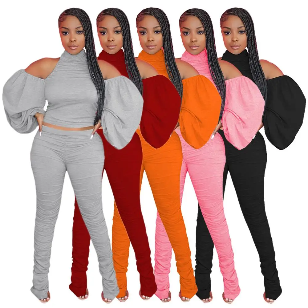 Women's Set Full Sleeve Lantern Sleeve Autumn Halter Crop Top Wide Skinny Pleated Suit Two Piece set NightClub Tracksuit Outfits