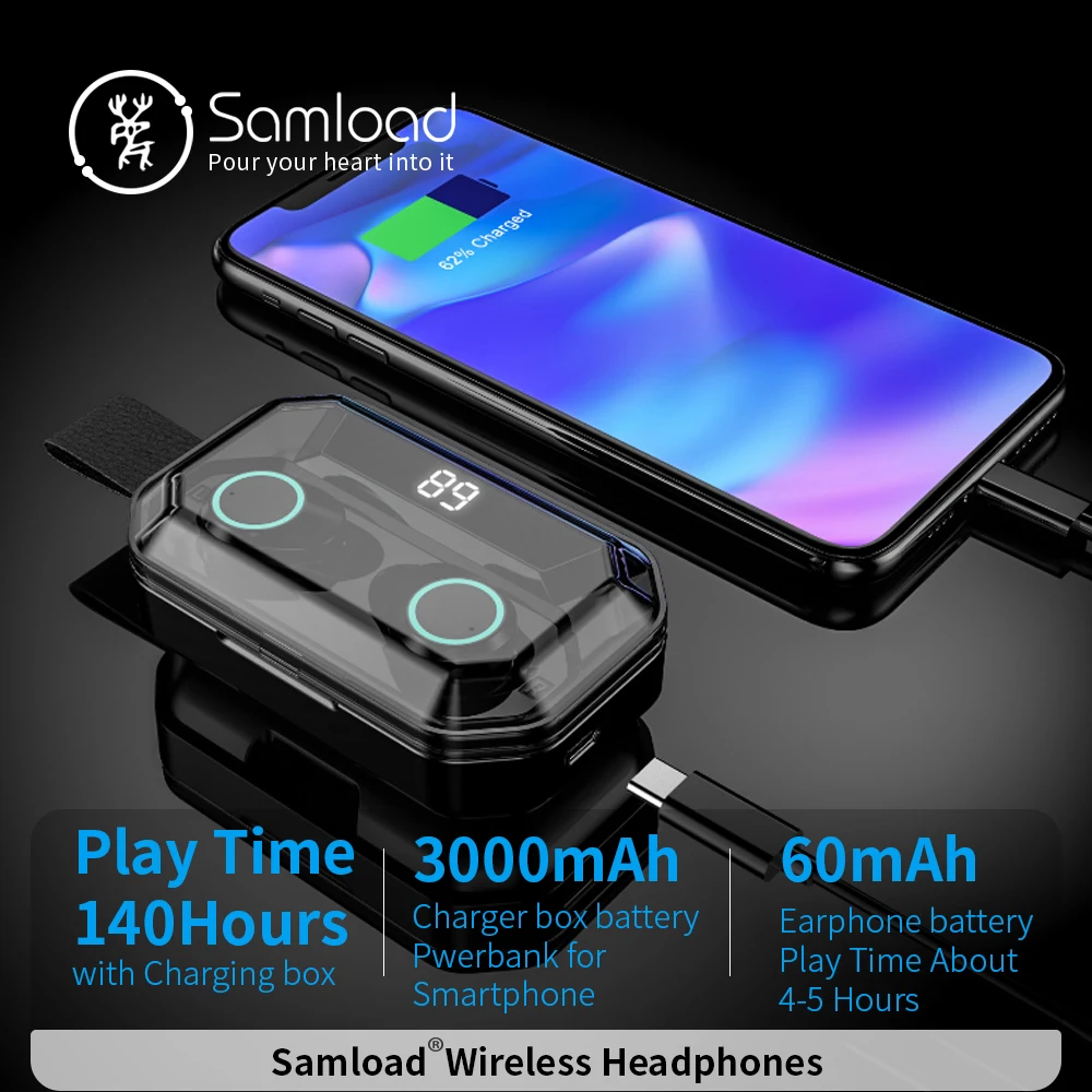 Samload Спортивные Беспроводные наушники IPX7 Bluetooth наушники Dee bass в ухо наушники с 3000 мАч светодиодный цифровой дисплей зарядная док-станция