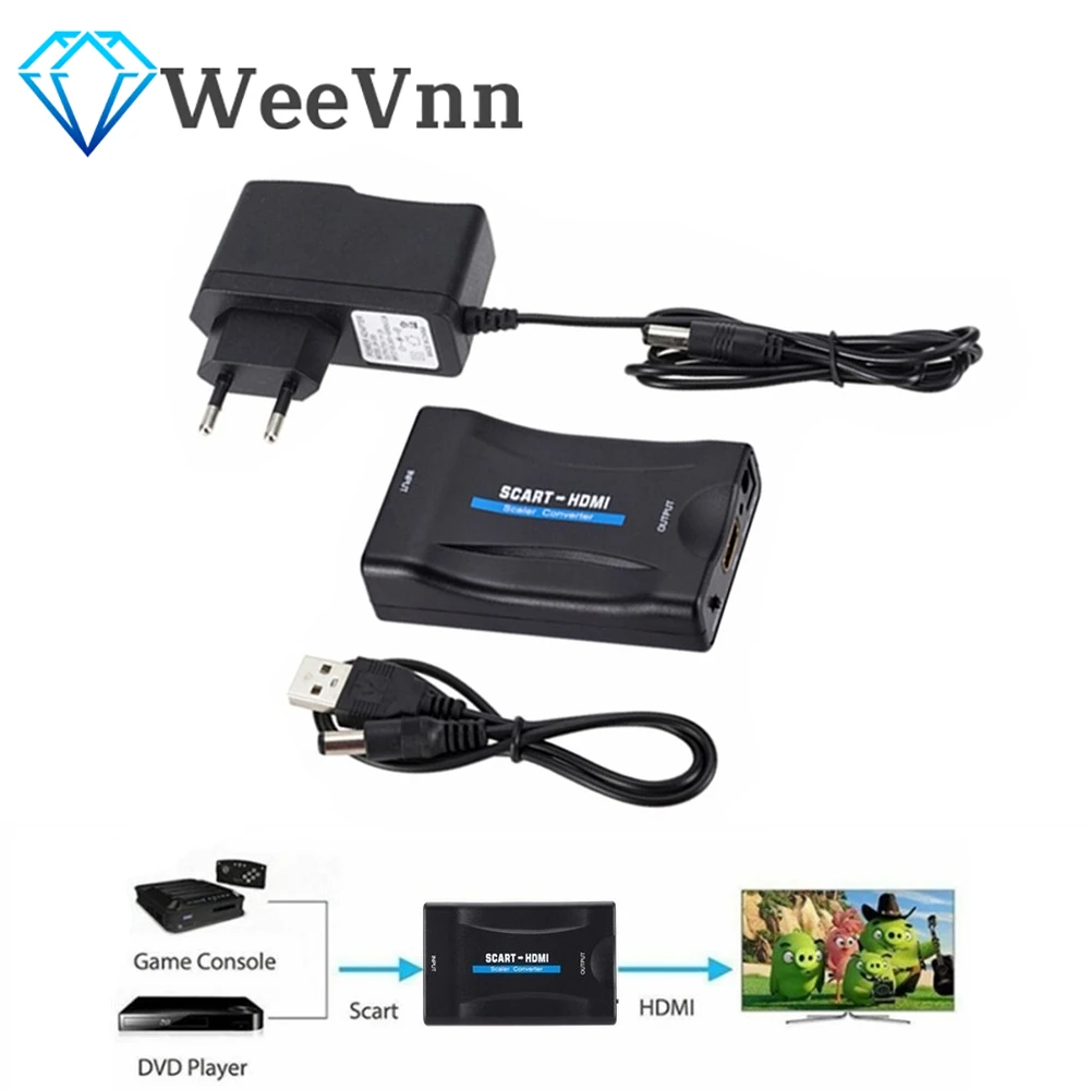 Адаптер WeeVnn 1080P SCART-HDMI высококлассный преобразователь видео аудио для HD TV DVD Sky Box STB