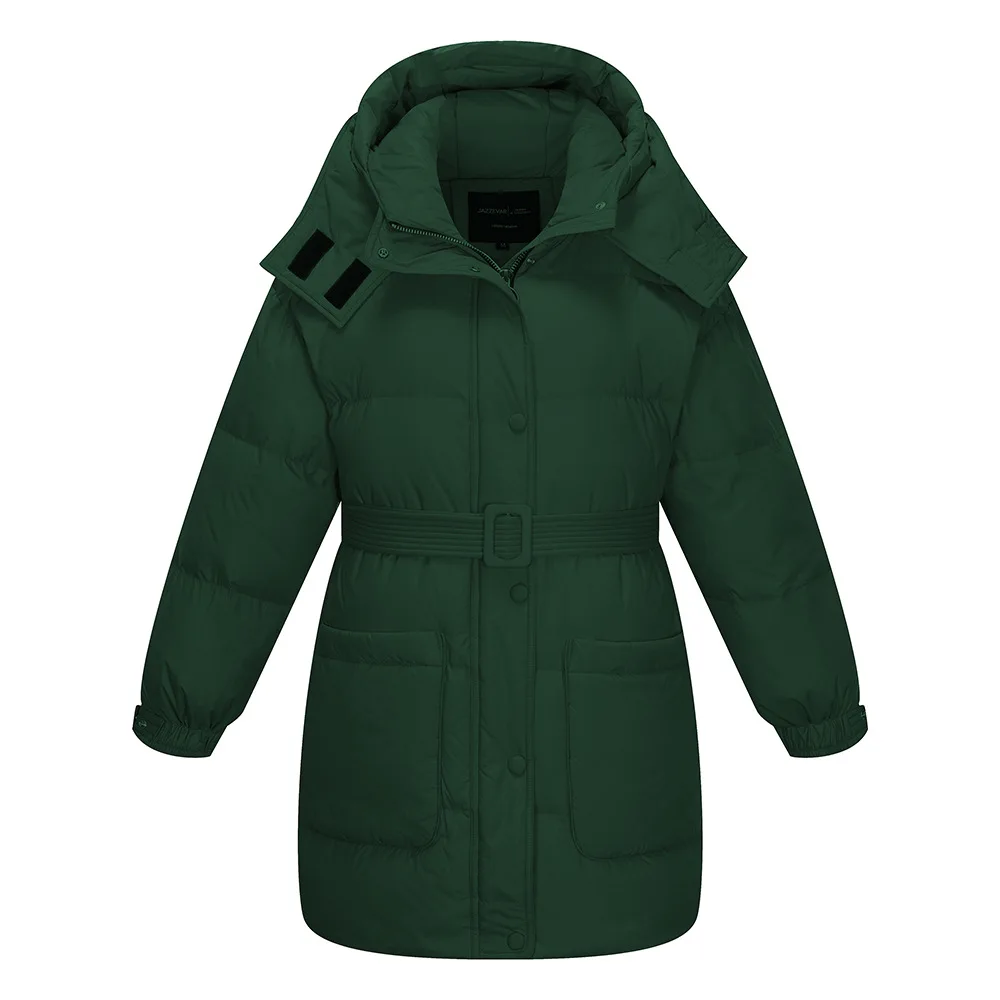 AIGYPTOS winter new women's long red and belt fashion style down jacket hooded jacket - Color: Dark green