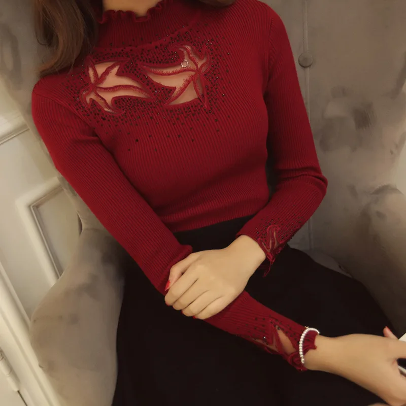 

Lace Hot Drilling Women Sweater Pullover Autumn Winter New Long Sleeve Slim Women Knitted Turtlenck Sweater Sexy Bottoming Shirt