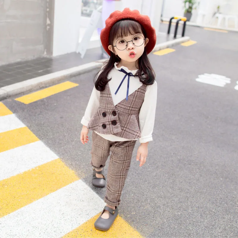 

3pcs Toddler Baby Kids Girls Outfits Cotton Top T-shirt+Plaid Vest+Trousers Set Long Sleeves Autumn Clothes Outfits Sets