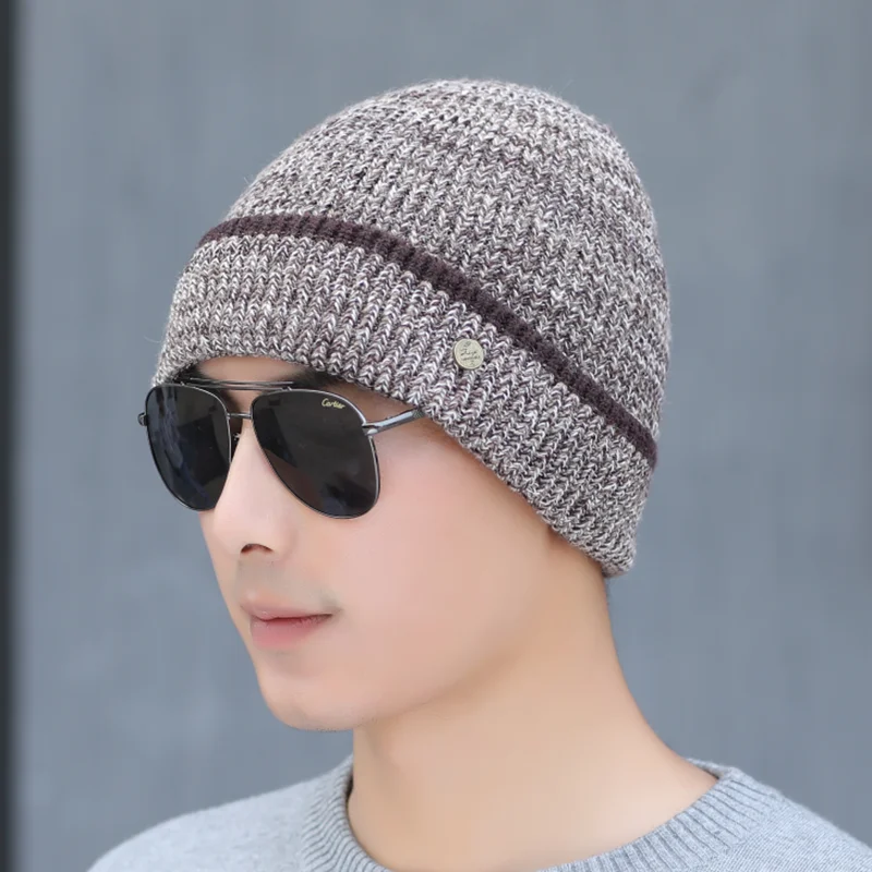 

SUOGRY High Quality 100% Cashmere Wool Man Hat Winter Knit Beanie Skullies Warm Winter Male Beanie Plus Velvet Cotton Cap