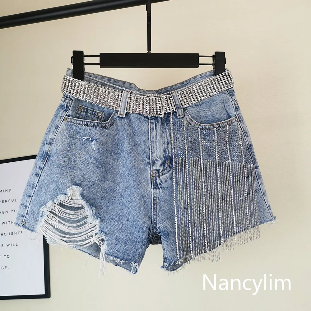

Sexy Girls Hot Pants 2019 Summer New Korean Women's Wide Legs Hot Drilled Holes High Waist Loose Fringed Jeans Shorts Lady Femme