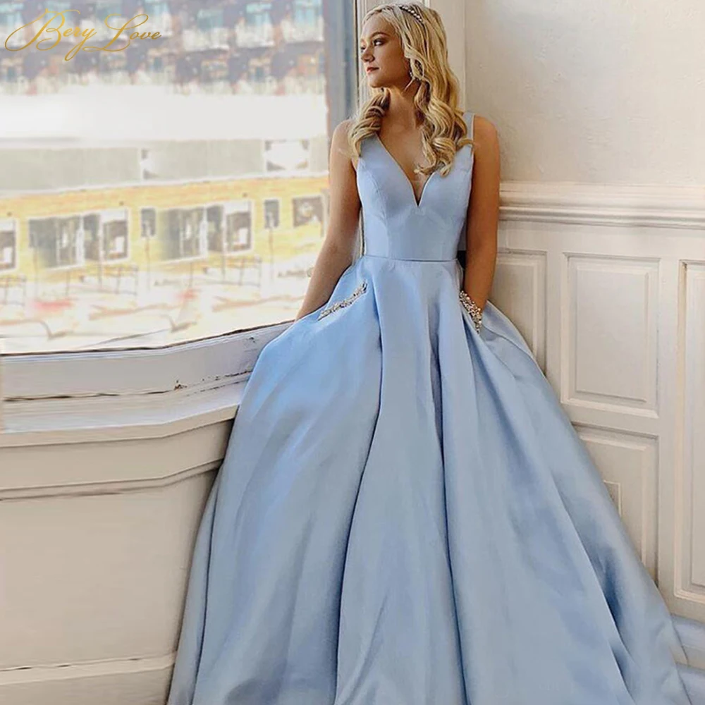 

BeryLove Simple Light Blue Elegant Evening Dress 2019 Tank V neck Formal On Sale Party Dress Plain Prom Dress with Bead Pocket