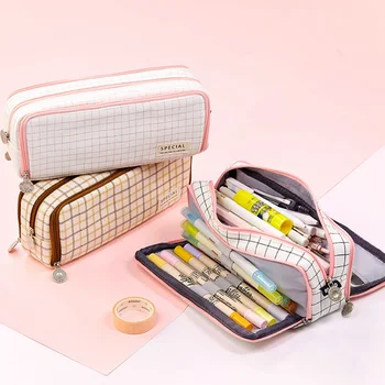 

Canvas Geometric Pencil Case School Simple Striped Grid Solid Color Cute Kawaii Pencil Bag Pouch Office Students Kids Supplies