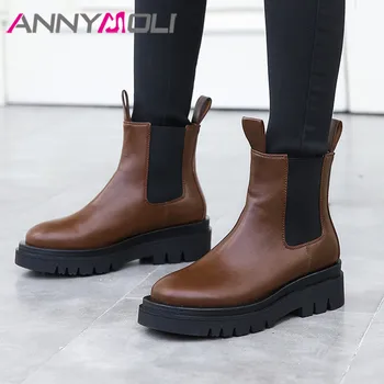 

ANNYMOLI Chelsea Boots Woman High Heel Ankle Boots Platform Chunky Heel Short Boots Round Toe Ladies Shoes Autumn Brown Size 40