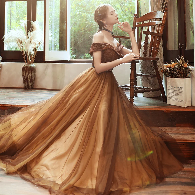 SSYFashion, новое винтажное кофейное вечернее платье, вырез лодочкой, блестки, бисер, длина до пола, Длинные вечерние платья, Vestidos De Noche - Color: coffee