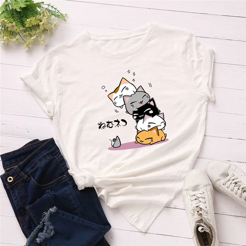 1185 Plus Size S-2XL New Lovely Cat Letter Print T Shirt Women Cotton O Neck Short Sleeve Summer T-Shirt Tops Casual Tshirt - Цвет: 1185