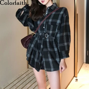 

Colorfaith New 2020 Women Spring Autumn Blouse Shirts Plaid Pockets Casual Loose Notched Fashionable Lace Up Lady Tops BL3881