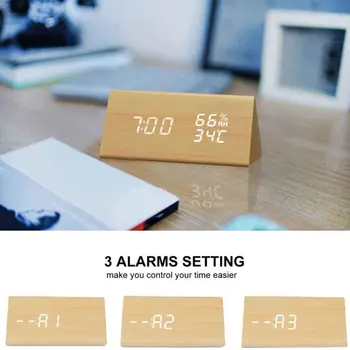 

Humidity and Temperature Alarm Clock Triangle Digital Baby Room Wood Clock Mute Luminous LED Electronic Gift