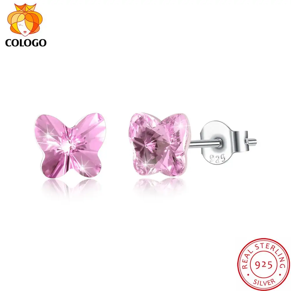 

COLOGO Fashion 100% 925 Sterling Silver Sparkling Colorful butterfly crystal Earrings For Women party Jewelry Lucky Gift LKN0074
