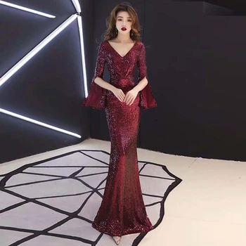 

2020 Red New Evening Party Dresses Wedding Cheongsam Chinese Qipao Dress Sequin V-neck Long Oriental Style Costume Robe Chinoise