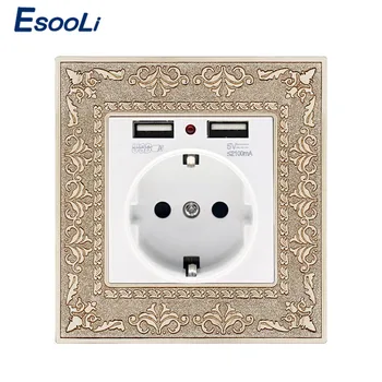 

Esooli Zinc Alloy High End Retro Panel 16A White EU Standard Power Wall Socket With Dual USB Charging Port Embossed Panel