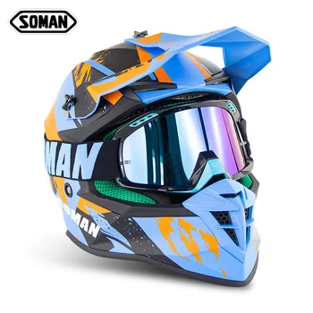 

casco capacete moto ECE Approved Soman SM633 Racing Flip up Motocross Helmets Full Face Motorcycle Helmet+SM15 Goggles