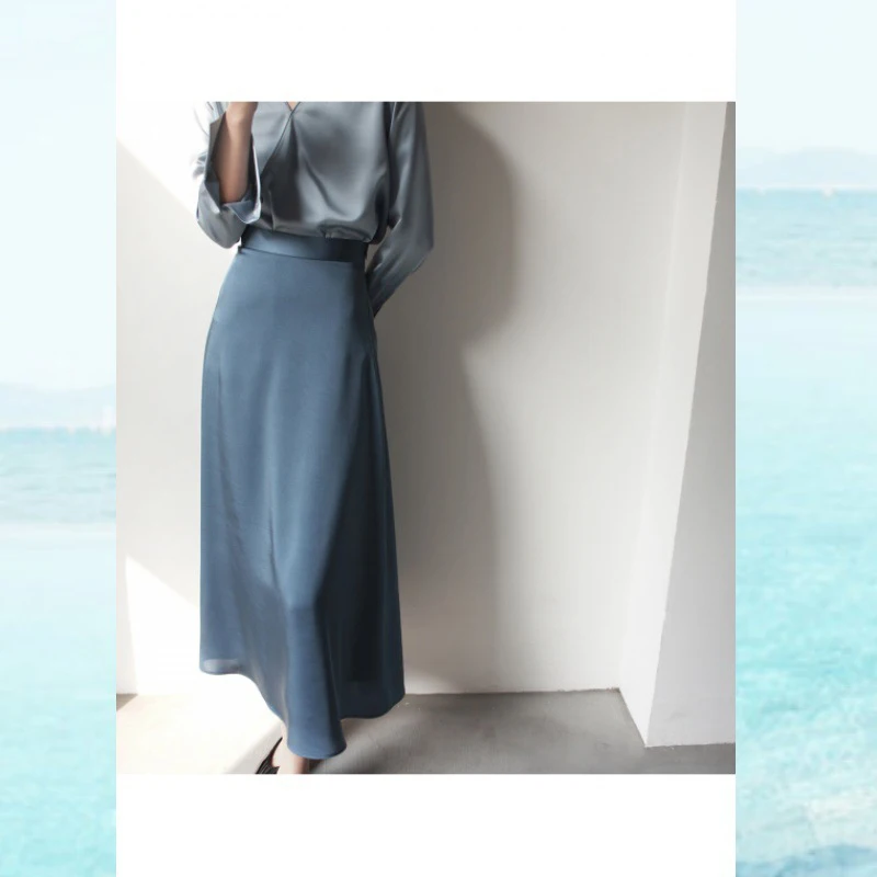 GOPLUS-осенняя сатиновая юбка трапециевидной формы с высокой талией, Женская Блестящая шелковая юбка миди с имитацией синего цвета, Faldas Mujer Moda C8301