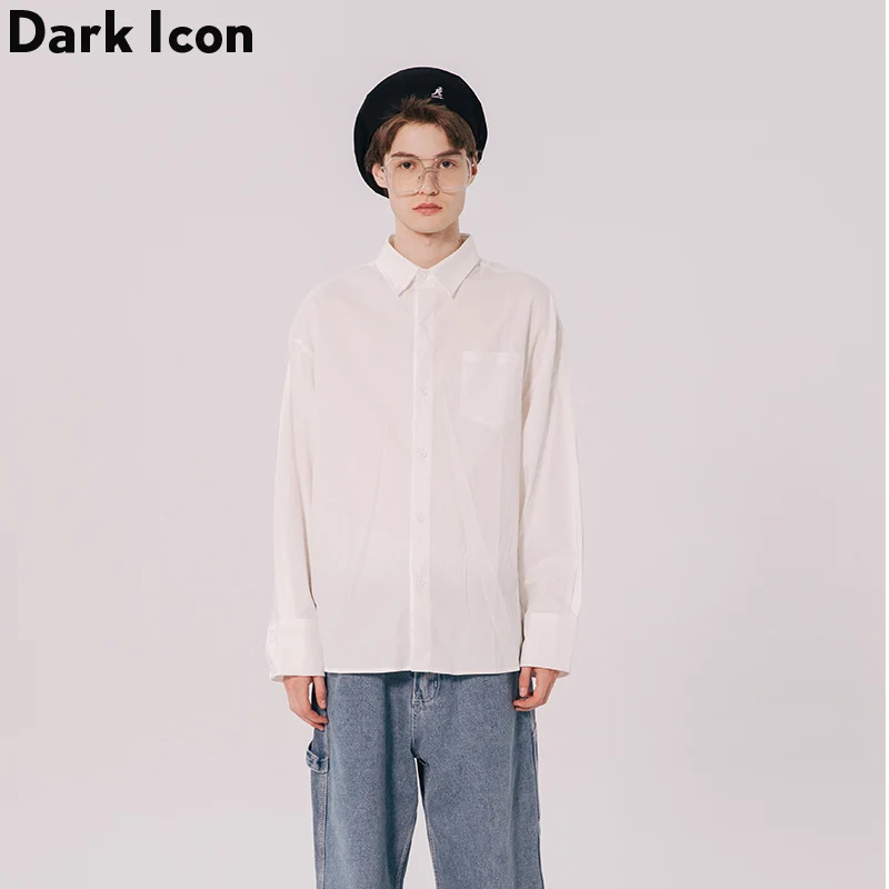Dark Icon Rear Opening Men’s Long Sleeve Shirts Solid Color Autumn Loose Style White Shirt Men Streetwear Shirt