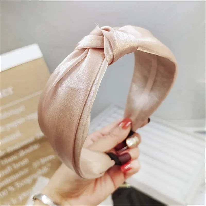 pink Женская повязка на голову из блестящей ткани, аксессуары для волос для девочек, головной убор, однотонный топ, сетчатый узел, повязки на голову для женщин, широкая повязка на голову - Цвет: pink