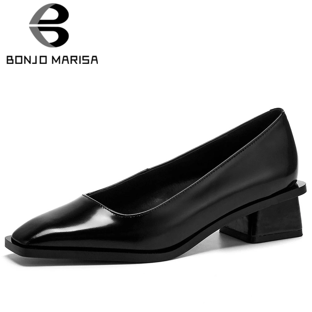 

BONJOMARISA New Ladies Spring OL Brand Platform Pumps Fashion Square Toe Genuine Leather Pumps Women Med Heel Shoes Woman