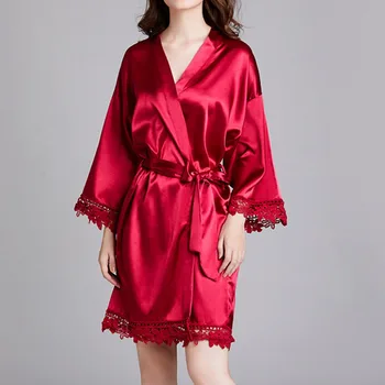 

Bath Robe For Women Kimono Robe Simulation Silk Solid Long Sleeve High Waist Sleepwear With Belt Sexy Lingerie