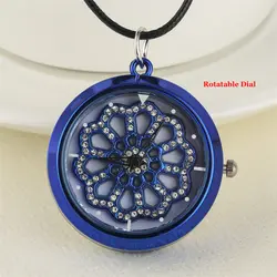 Вращающийся горный хрусталь Дизайн Круглый циферблат женское ожерелье часы с подвеской креативные женские высококачественные кожаные