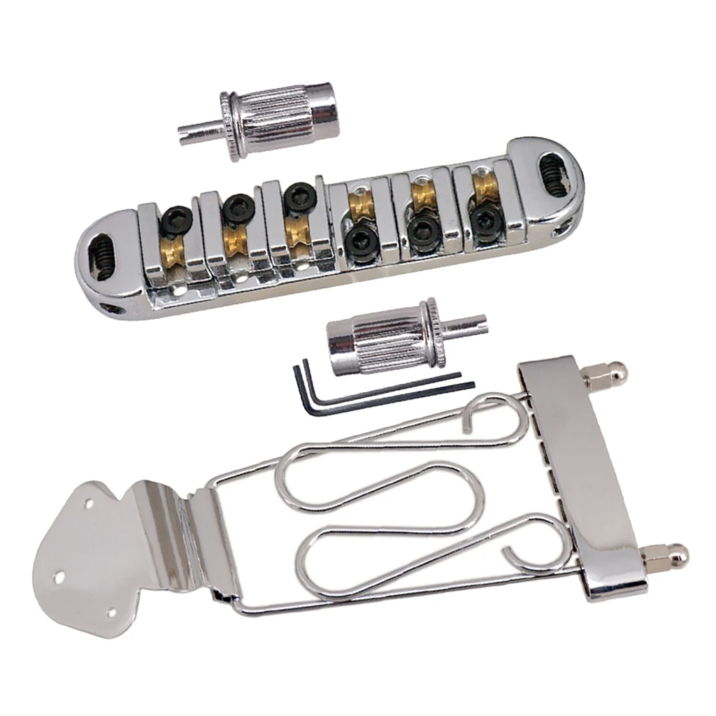 

Guitar Trapeze Tailpiece Bridge with Roller Saddle Bridge, Lock Posts and Wrench for Jazz Archtop/LP Electric Guitar