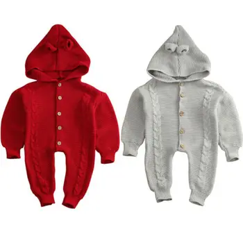 

0-18M Newborn Baby Boy Girl Long Sleeve Knitted Hooded Romper Jumpsuit Playsuit Outfits Warm Clothes