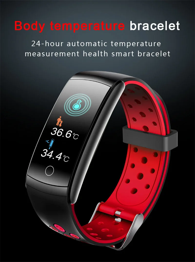 Smart Bracelet 24-hour Real Body Temperature Monitoring Q8T Dynamic Heart Rate Blood Pressure Watch IP68 Waterproof Sports