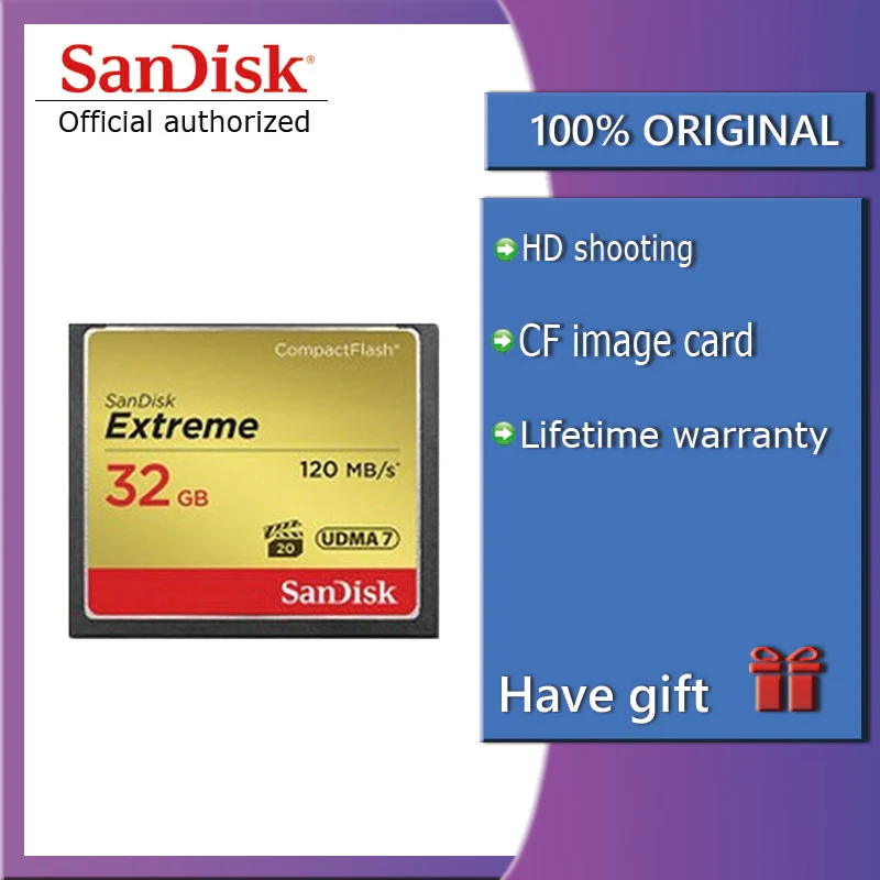 

Sandisk Extreme Compactflash Memory CF Card 64GB 32GB 16GB 128GB Up to 120MB/s Read Speed for 4K and Full HD video