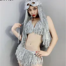 2 Стиль Серебряные Камни полный бахрома с бюстгальтером Новые короткие шорты, комплект со штанами комплект Для женщин боди для певицы бар для танцора DS бикини нижнее белье, комплект одежды