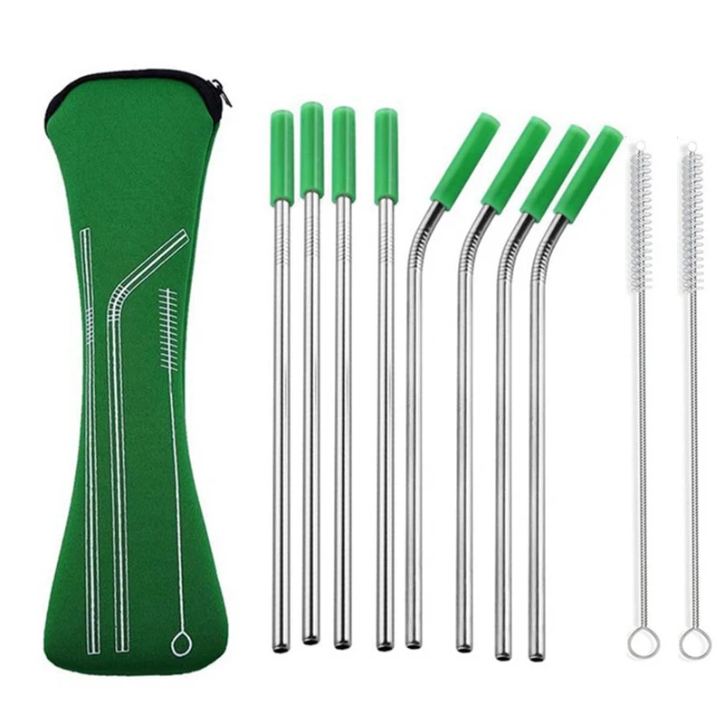 green 8pcs 8 шт красочные многоразовые силиконовые наконечники крышка из нержавеющей стали соломинка металлическая соломинка с кистью набор кухонных столовых инструментов - Цвет: green 8pcs
