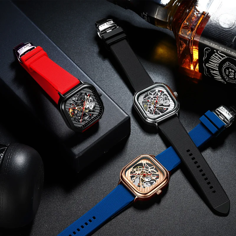 AILANG 2020 new men's automatic watch top brand luxury silicone strap hollow square top ten watches