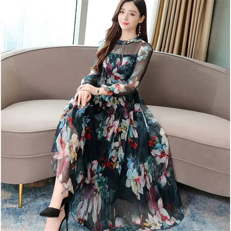Elegant Floral Chiffon Cake Long Sleeve Maxi Dress