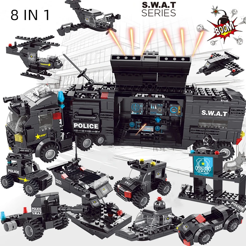 

8 IN 1 City compatible legoed police SWAT team helicopter truck military cop model boat armored vehicle Building Blocks Kids Toy