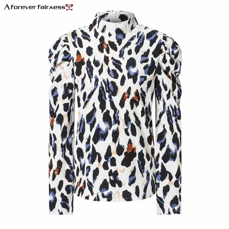 A Forever Equity Женская белая леопардовая рубашка фонарь с длинным рукавом модная Сексуальная Блузка Топы M-1219 - Цвет: White Leopard