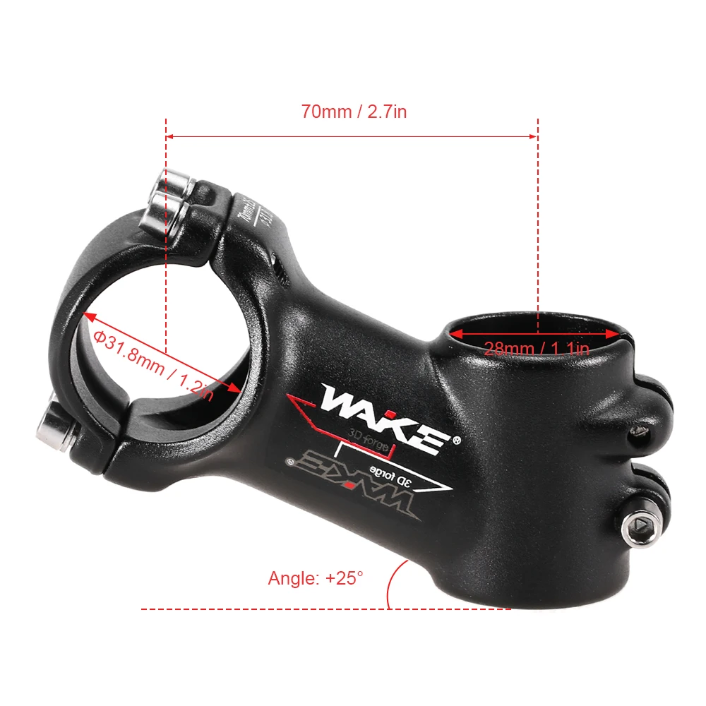 Wake Stem 31.8mm MTB Front Rod Stem Part 60/70/80/90/100mm Aluminum Alloy Road Bike Stem 25 Degree Bicycle Handlebar Stem - Цвет: 70mm