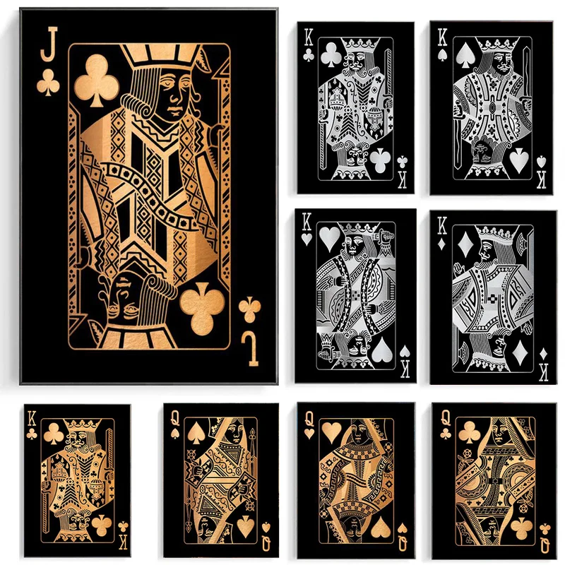 

Abstract Gold And Silver Playing Cards King Queen and Jack Canvas Painting HD Print Club Bar Decoration Poster Wall Art Picture