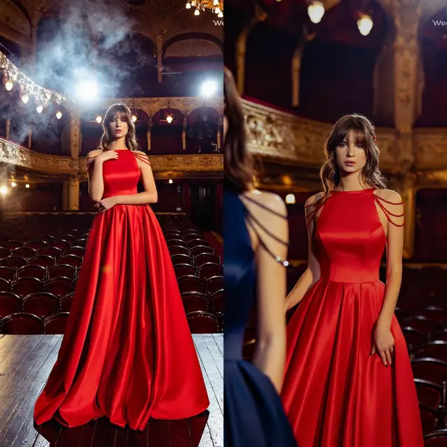 $US $77.06 Satin Red Evening Dresses Jewel Neck Beading Straps A Line Prom Dress Ruffles Floor Length Formal Party Gowns Robe De Soiree